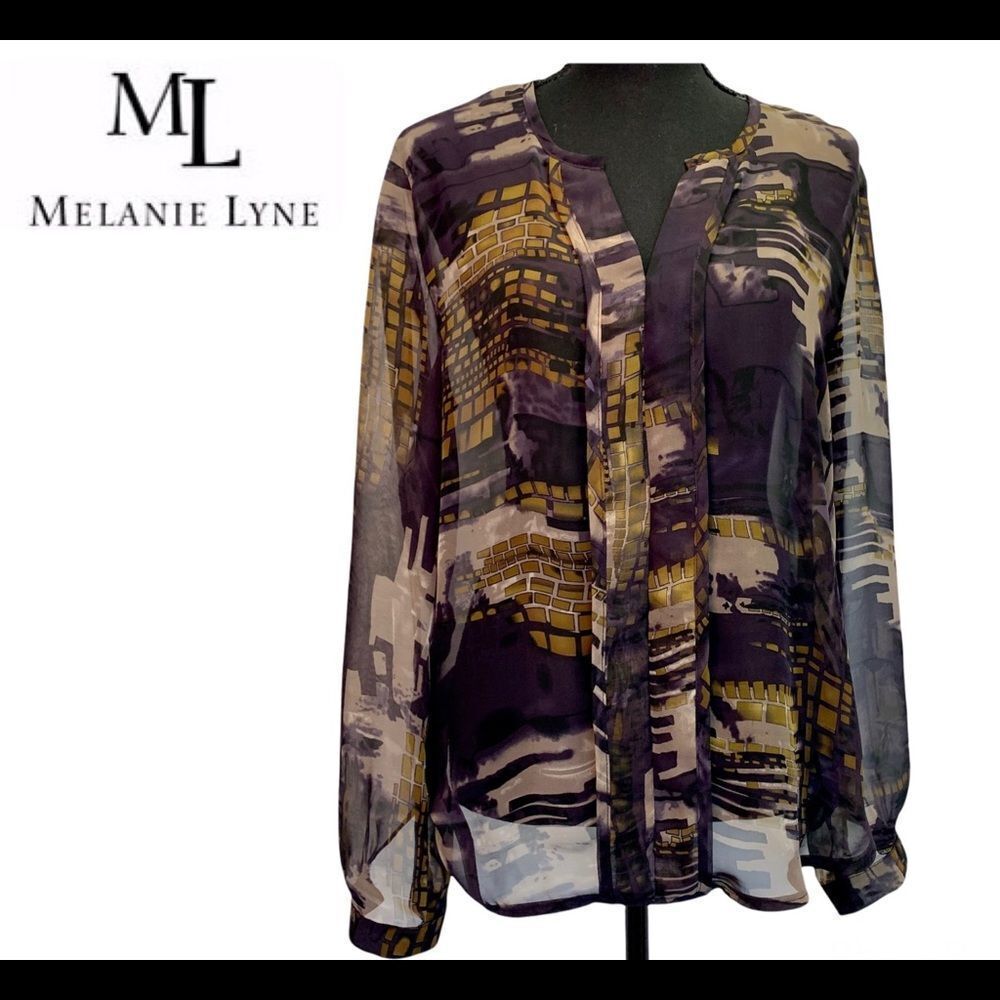 Melanie Lyne purple sheer transparent chiffon long sleeve blouse M